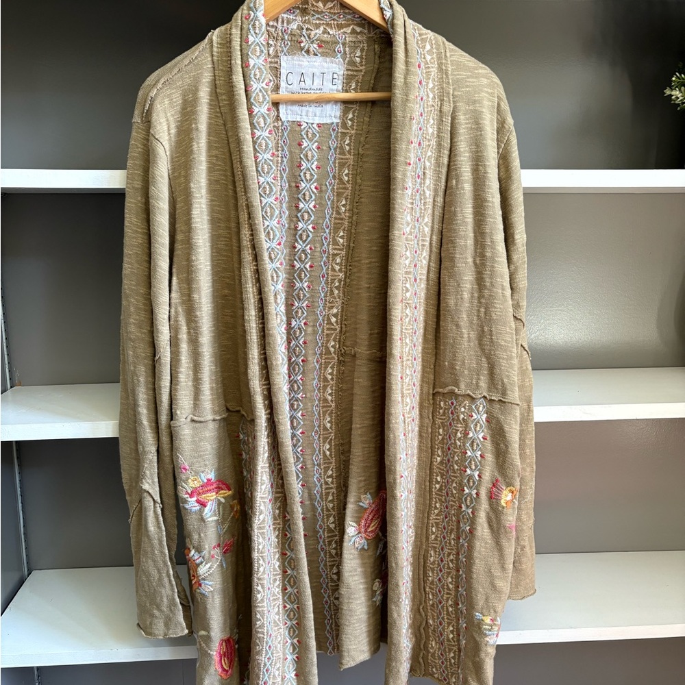 Caíte Boho Handmade Draped Embroidered Open Cardigan Long Sleeve Size XL